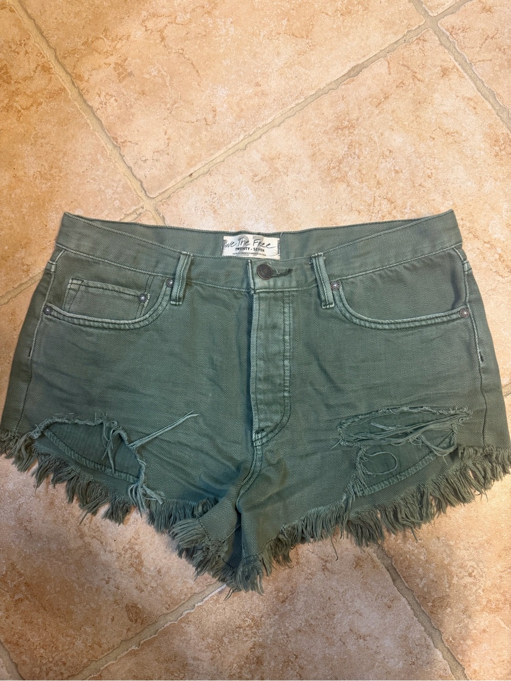 We The Free Olive Frayed Distressed Denim Shorts